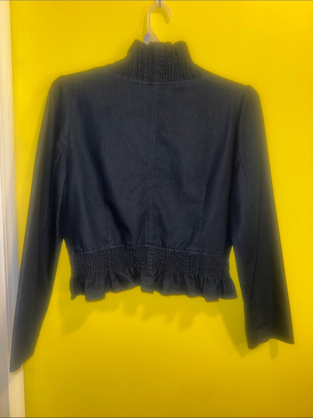 Women’s Denim Ruffled Cropped Jacket - Elegant Evening Coat - Picture 4 of 14